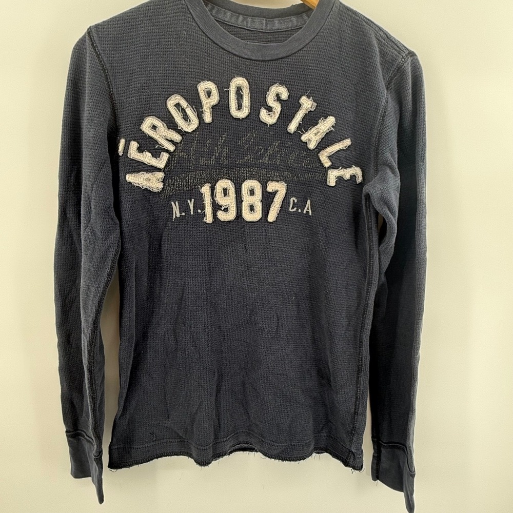 Aeropostale Mens Y2K Thermal Shirt Gray Long Sleeve Waffle Logo 1987 Distressed